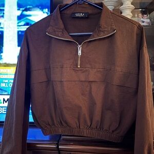 Akira Brown Women’s crop top jacket with jogger pants and attached fanny pack.